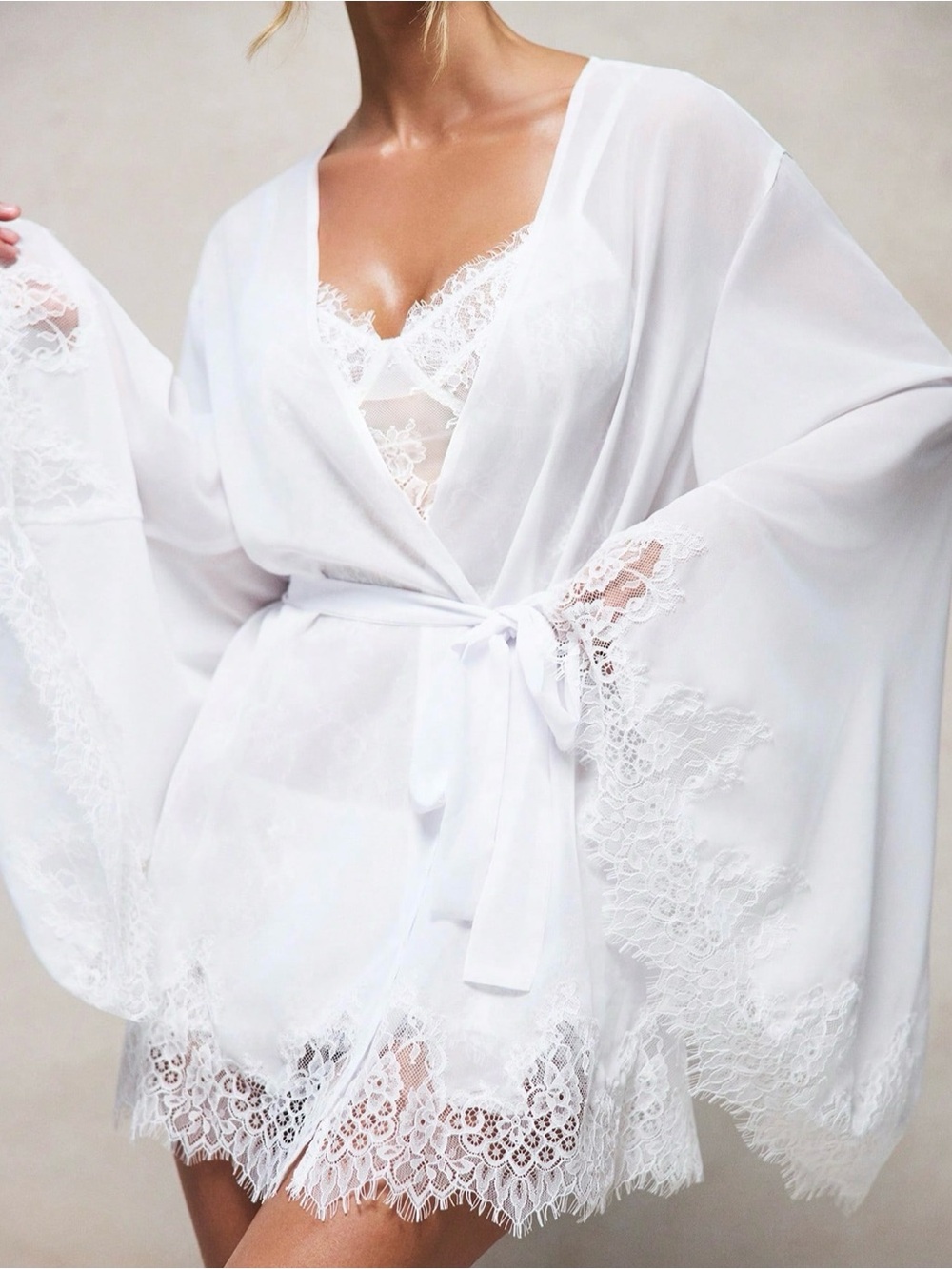 Bridal White Lace-Trim Sheer Kimono Robe - Women Intimates & Sleepwear